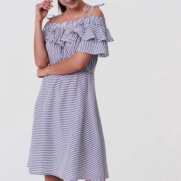 LOFT Dresses & Skirts - Loft Meadow Striped Ruffle Blue & White Dress